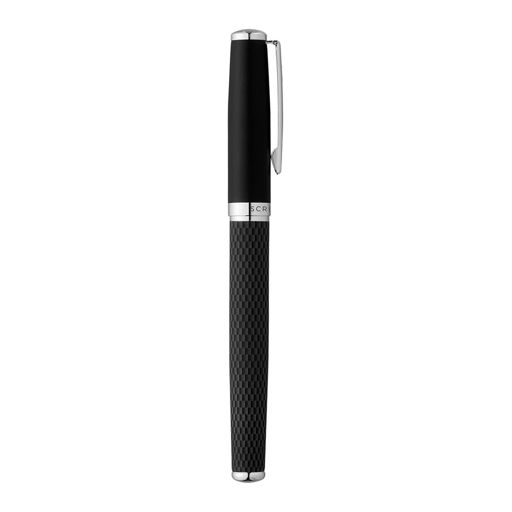 A black metal ballpoint pen with a textured grip and a silver clip, featuring a branding logo.