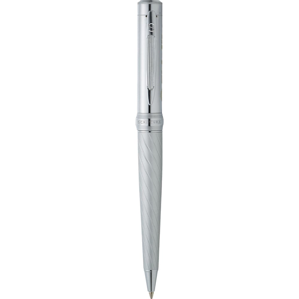 A silver metal ballpoint pen with a spiral design and a clip, featuring a logo on its body.