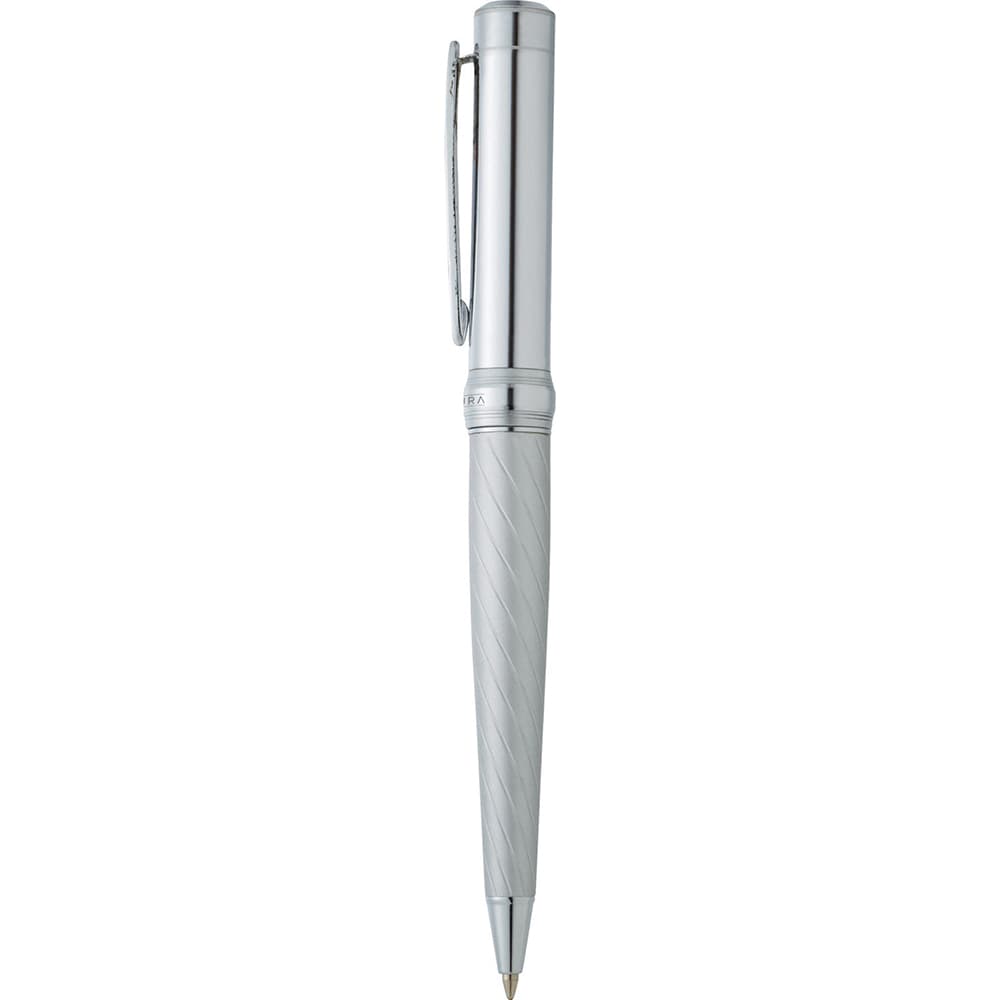 A silver ballpoint pen with a twisted design and a clip, featuring a branding element.