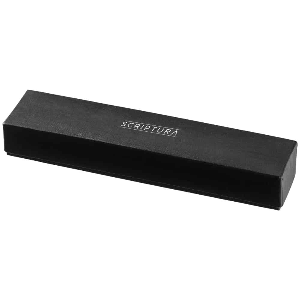 A sleek black metal ballpoint pen with a silver clip and branding.