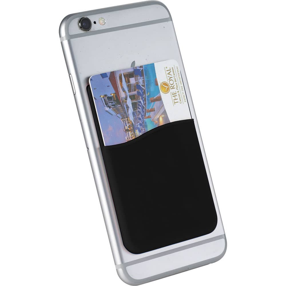 A black silicone card wallet attached to the back of a smartphone, holding a credit card.