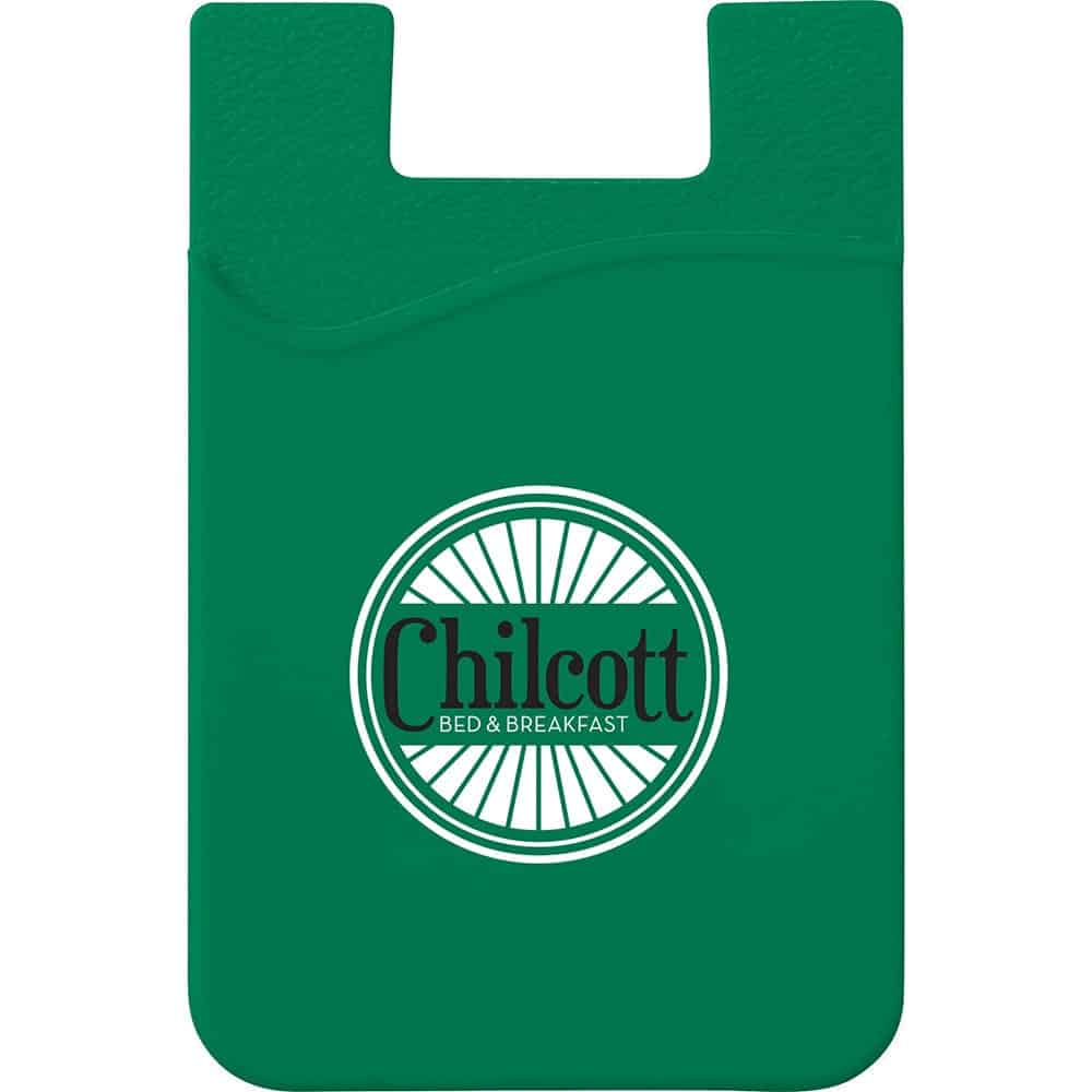 A green silicone card wallet featuring a logo, designed to hold cards or small items.