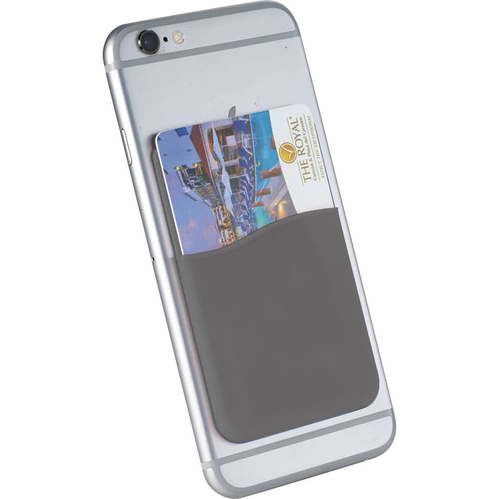 A grey silicone card wallet attached to a silver phone, holding a credit card.