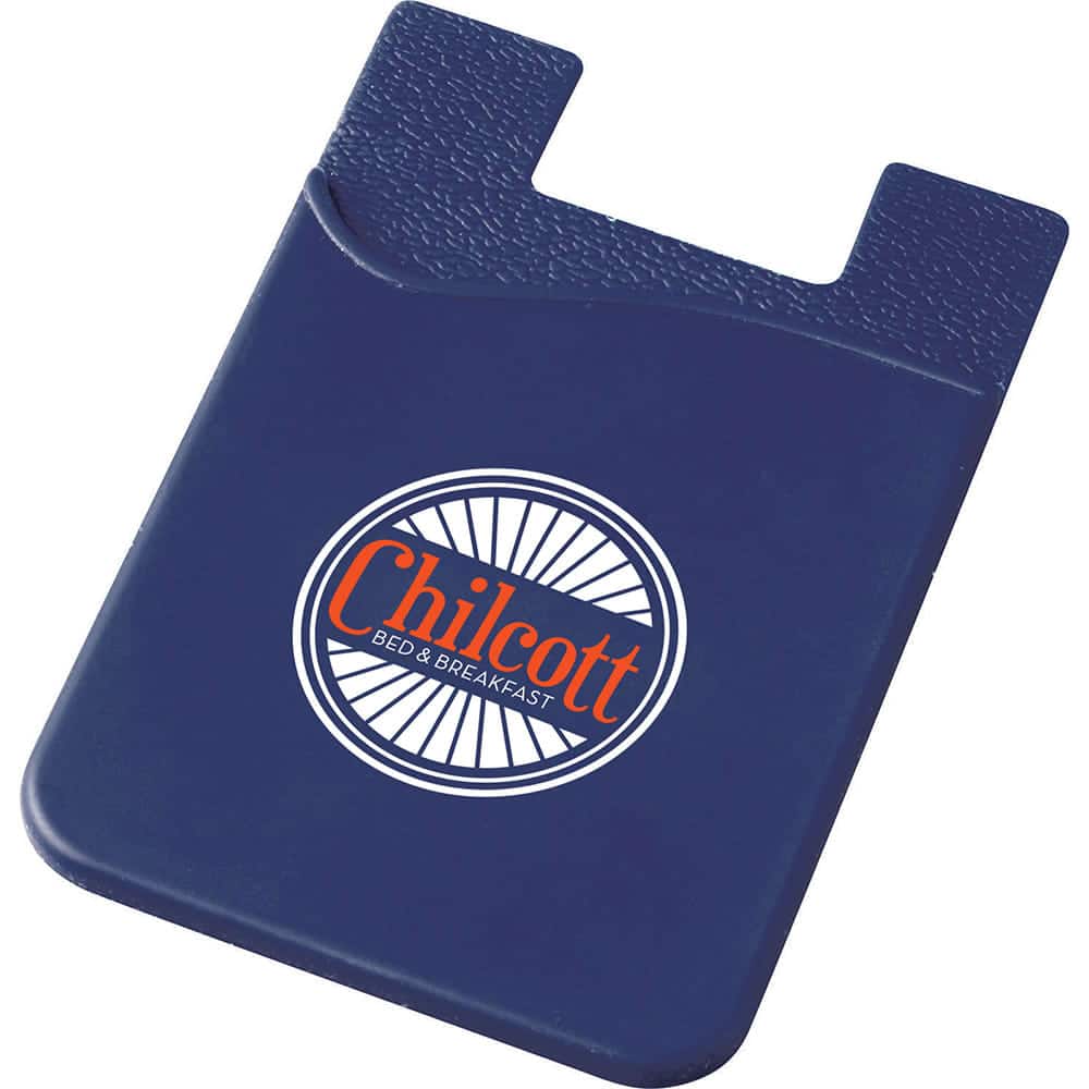 A navy silicone card wallet with a logo, featuring a textured surface and a slot for cards.