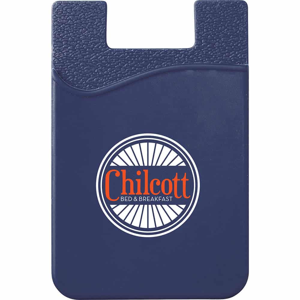 A navy silicone card wallet with a textured finish and a round logo in the centre.