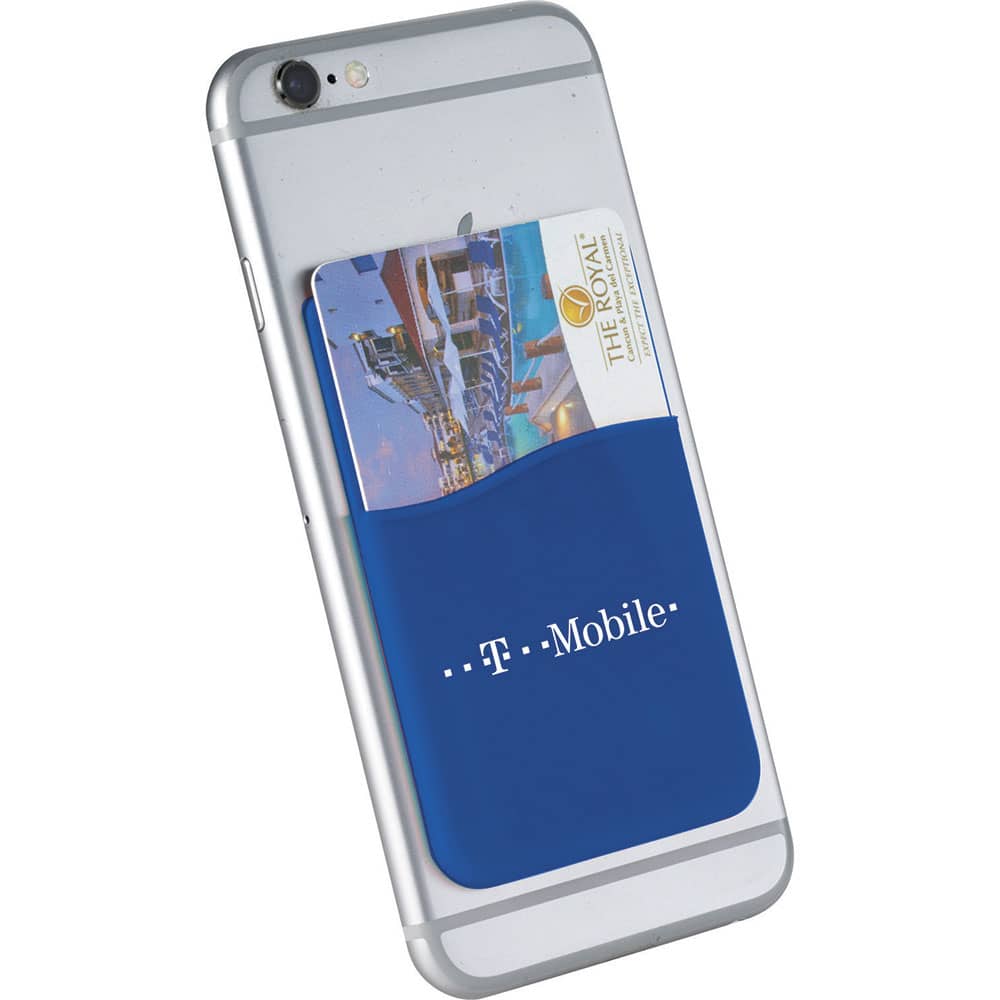 A blue silicone card wallet attached to the back of a smartphone, holding a card. It features a logo.