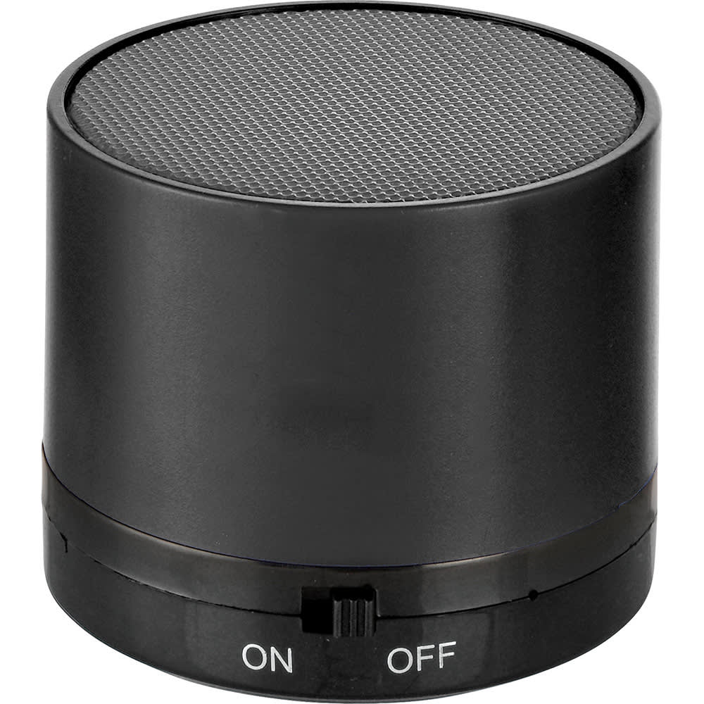 A black cylinder Bluetooth speaker featuring a mesh speaker top and an on/off switch at the base.