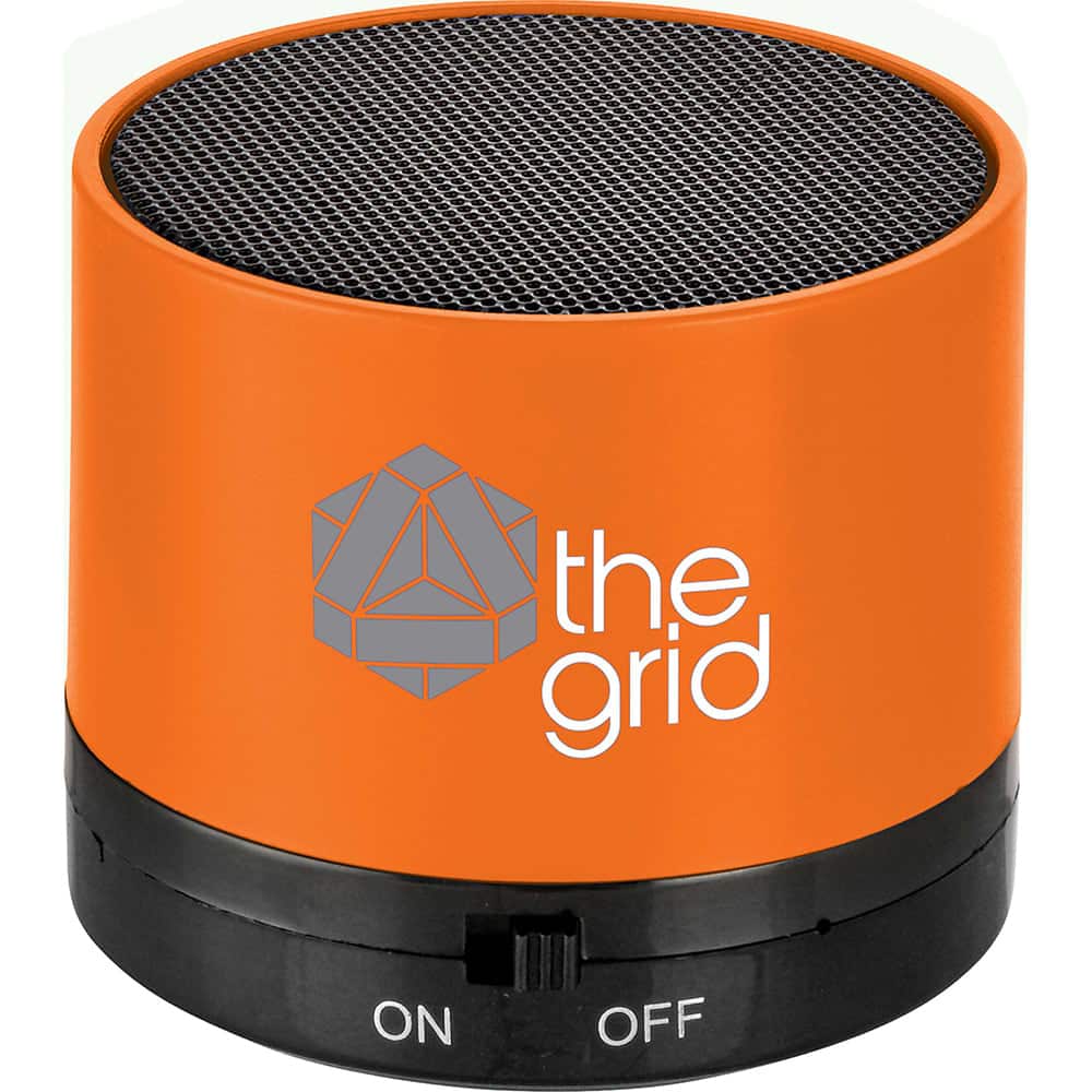 An orange cylinder Bluetooth speaker with a black mesh top and a branded logo on the side.