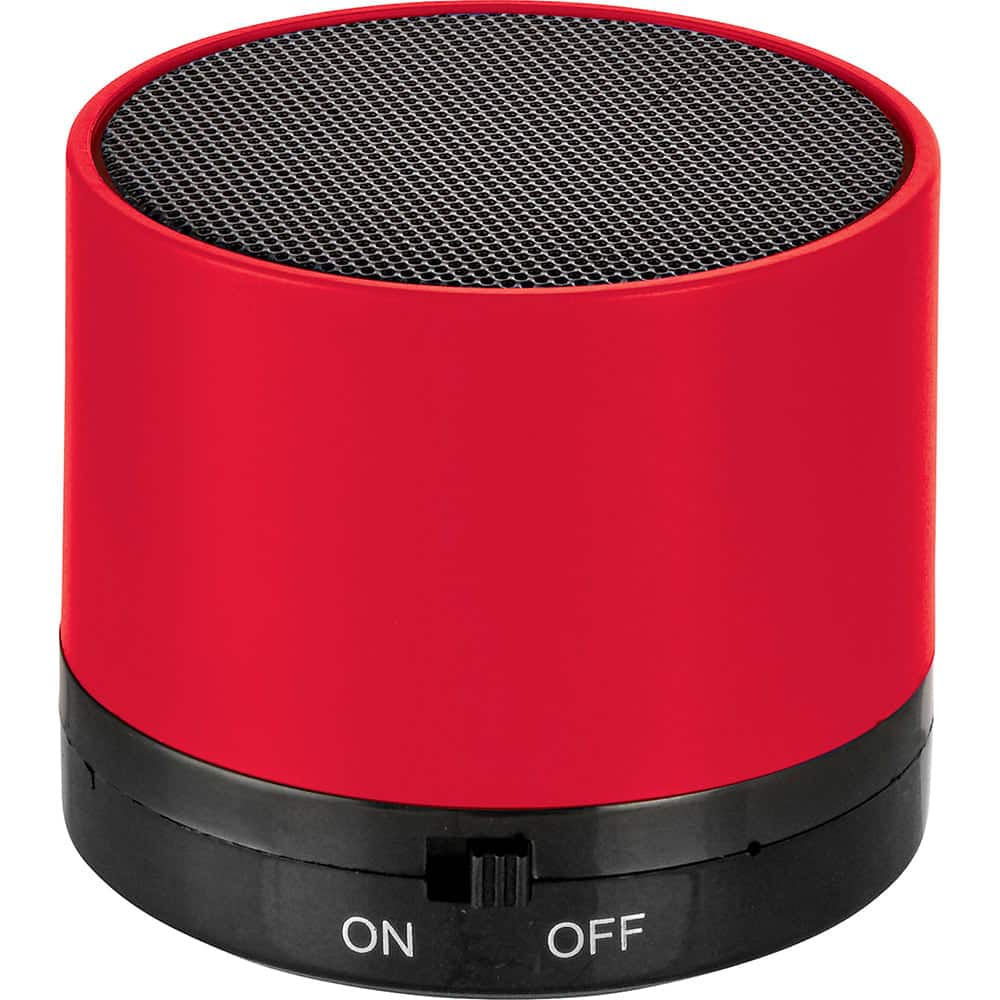 A red cylinder Bluetooth speaker with a black mesh top and a switch at the base. It features a logo on the body.