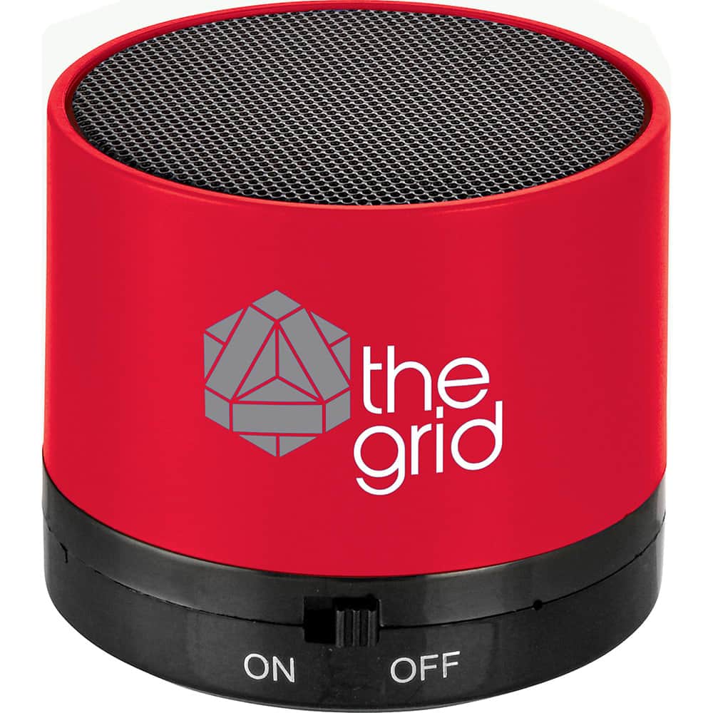A red cylinder Bluetooth speaker with a mesh top and a branding logo on the side.