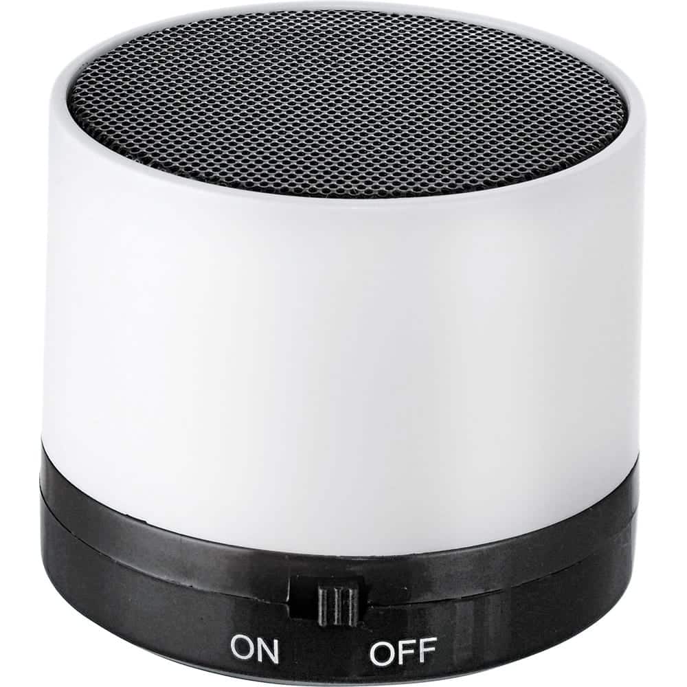 A cylindrical Bluetooth speaker in white and black with an on/off switch. It features a mesh grille on top and a logo.
