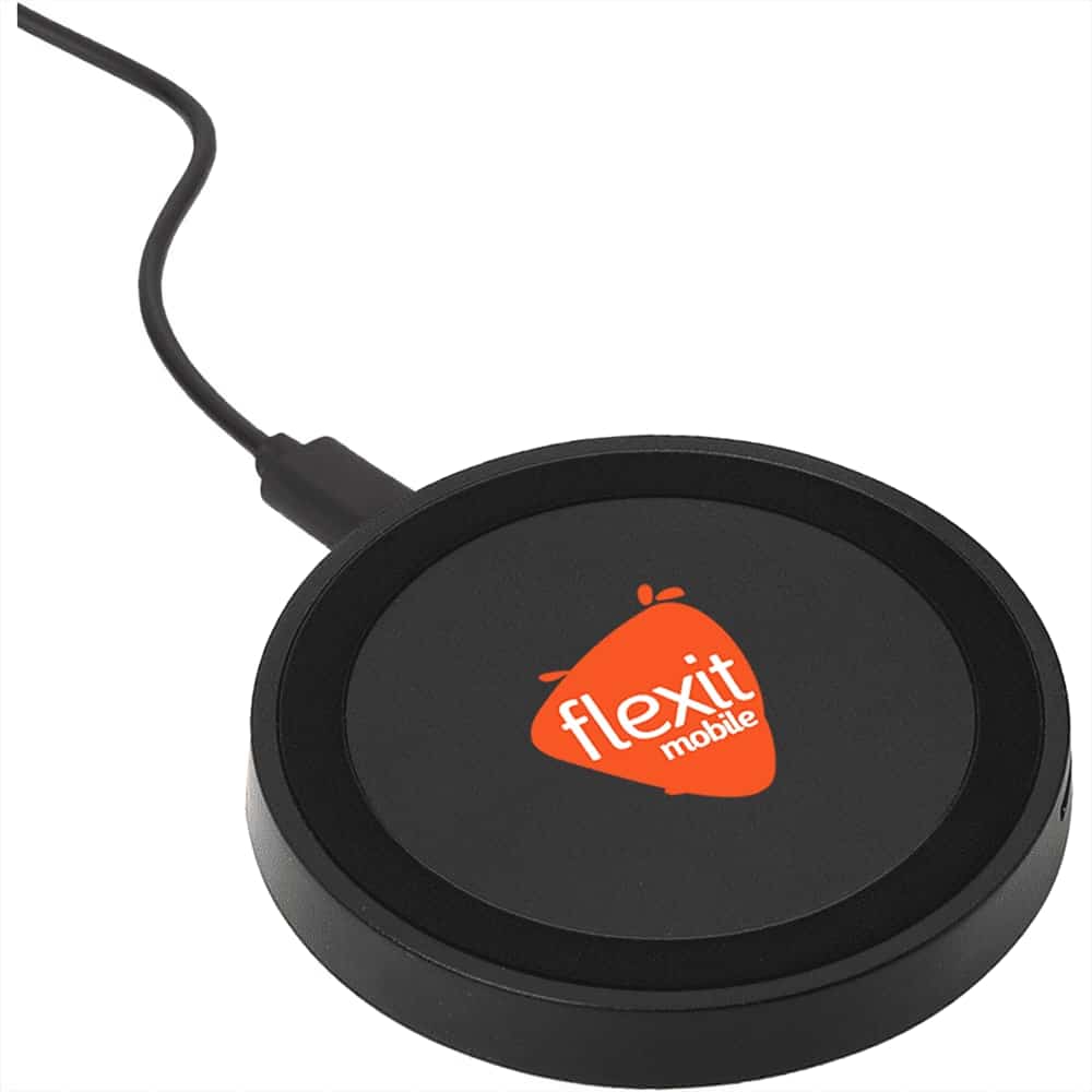 A black wireless charging pad with a round shape and a logo in the centre. Connected by a cable.