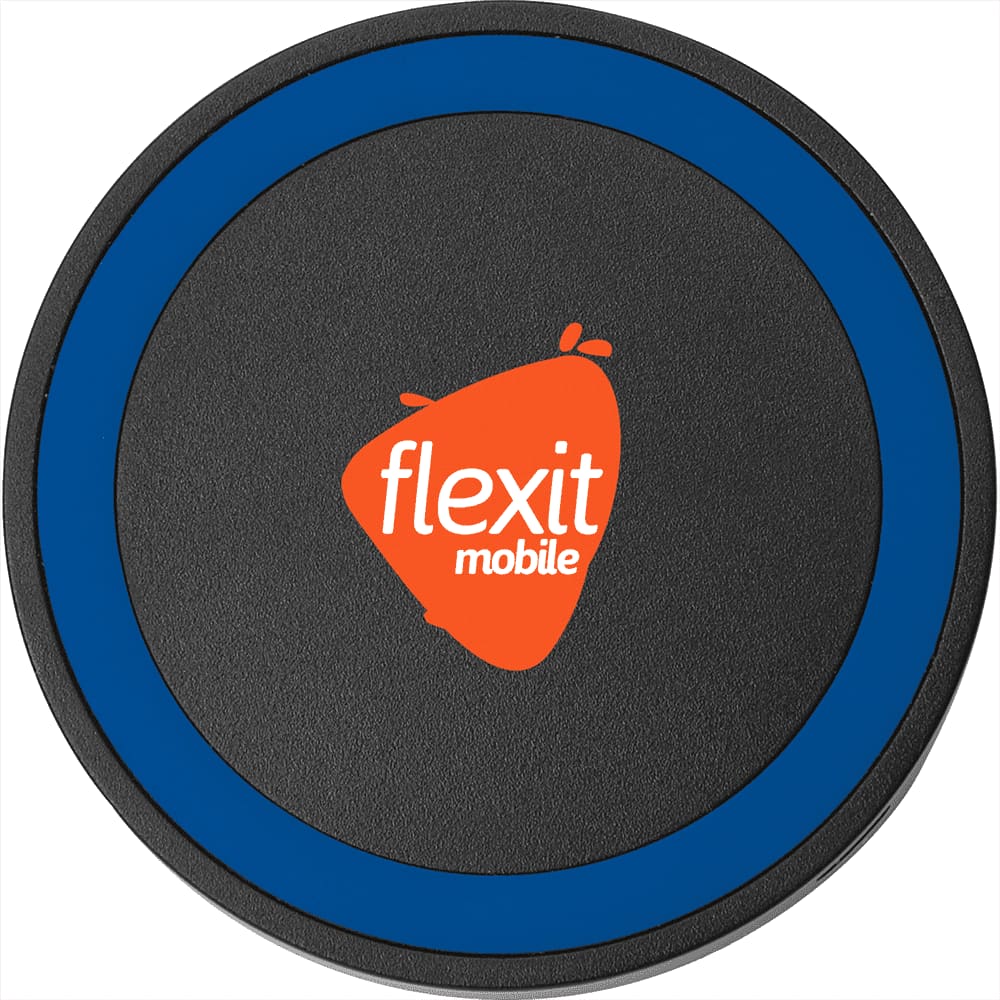 A round wireless charging pad in black with a blue rim and a logo in the centre.