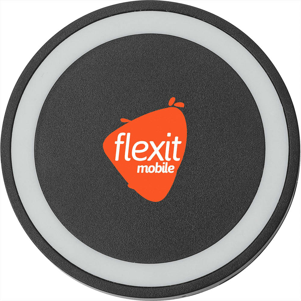 A round black wireless charging pad with a white edge and a logo in the centre.