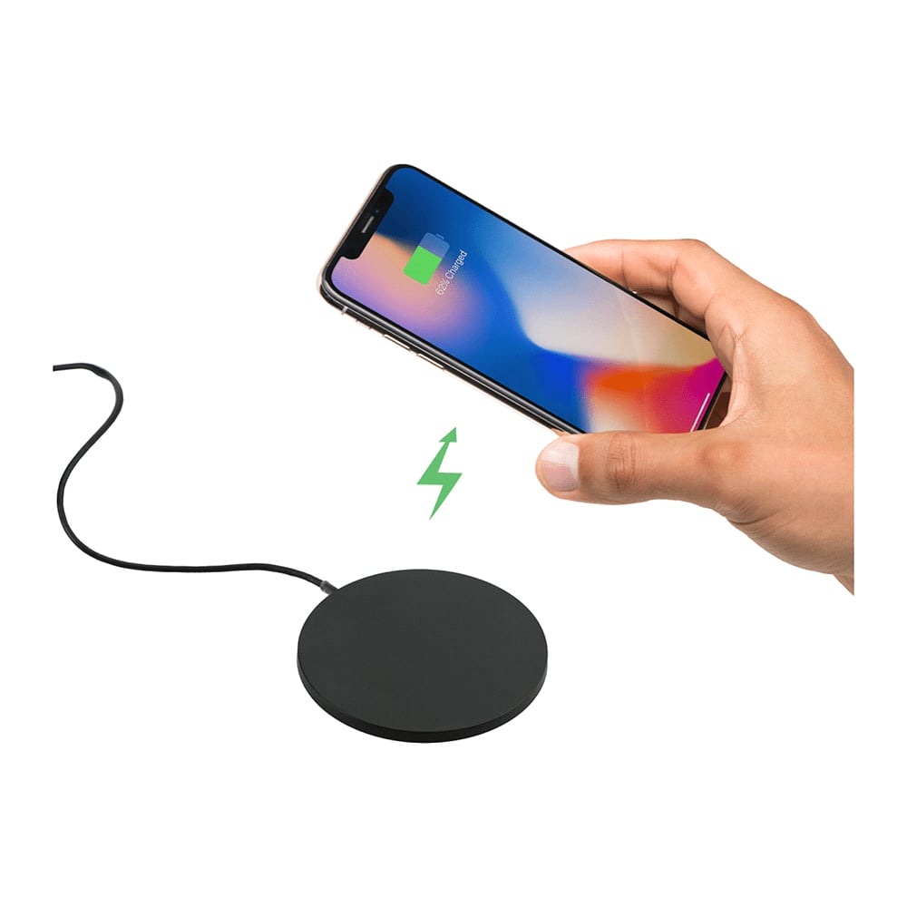 A black ultra-thin wireless charging pad with a smartphone being placed above it, showcasing its charging function.