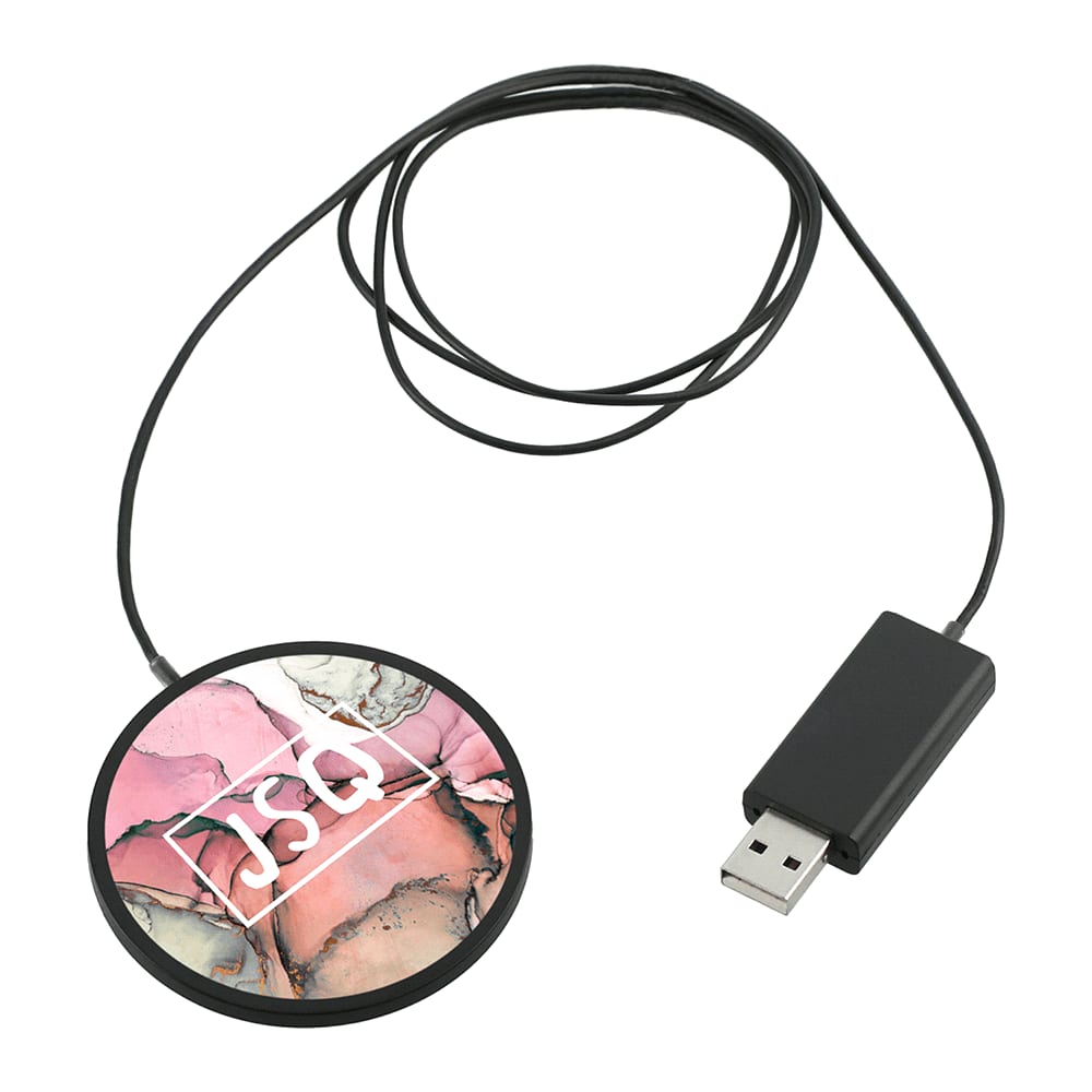 A round, marble-patterned wireless charging pad with a black cable and USB connection. It features a logo.