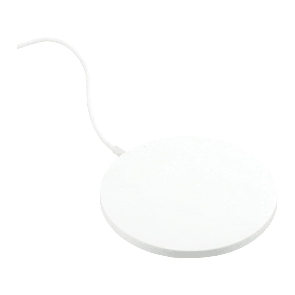 A white ultra-thin wireless charging pad with a connected cable. It features a simple design and has a logo.