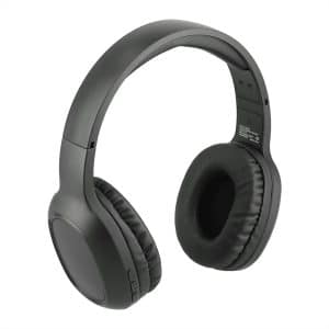 Black Bluetooth headphones with soft ear cushions and adjustable headband, featuring a simple design and a logo.