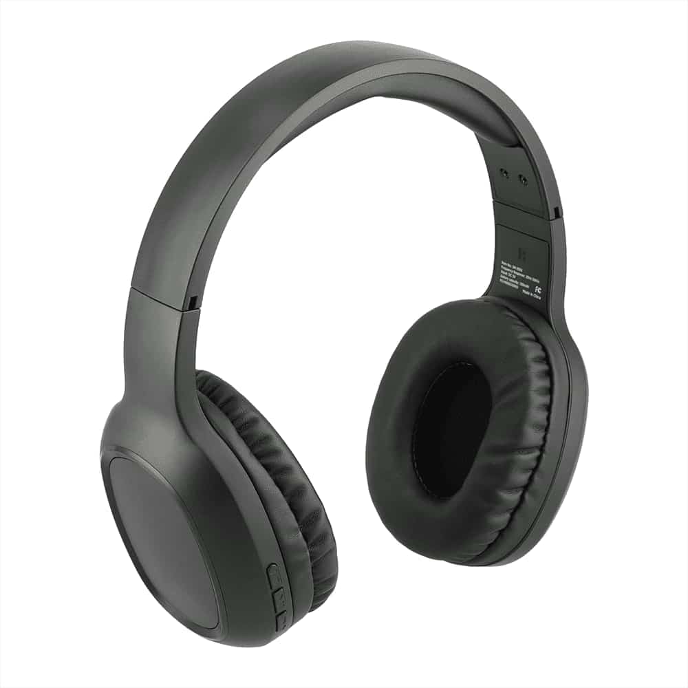 Black Bluetooth headphones with soft ear cushions and adjustable headband, featuring a simple design and a logo.
