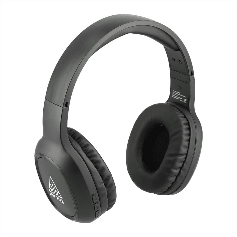 Black Bluetooth headphones with cushioned ear cups and adjustable headband, featuring a logo on the side.