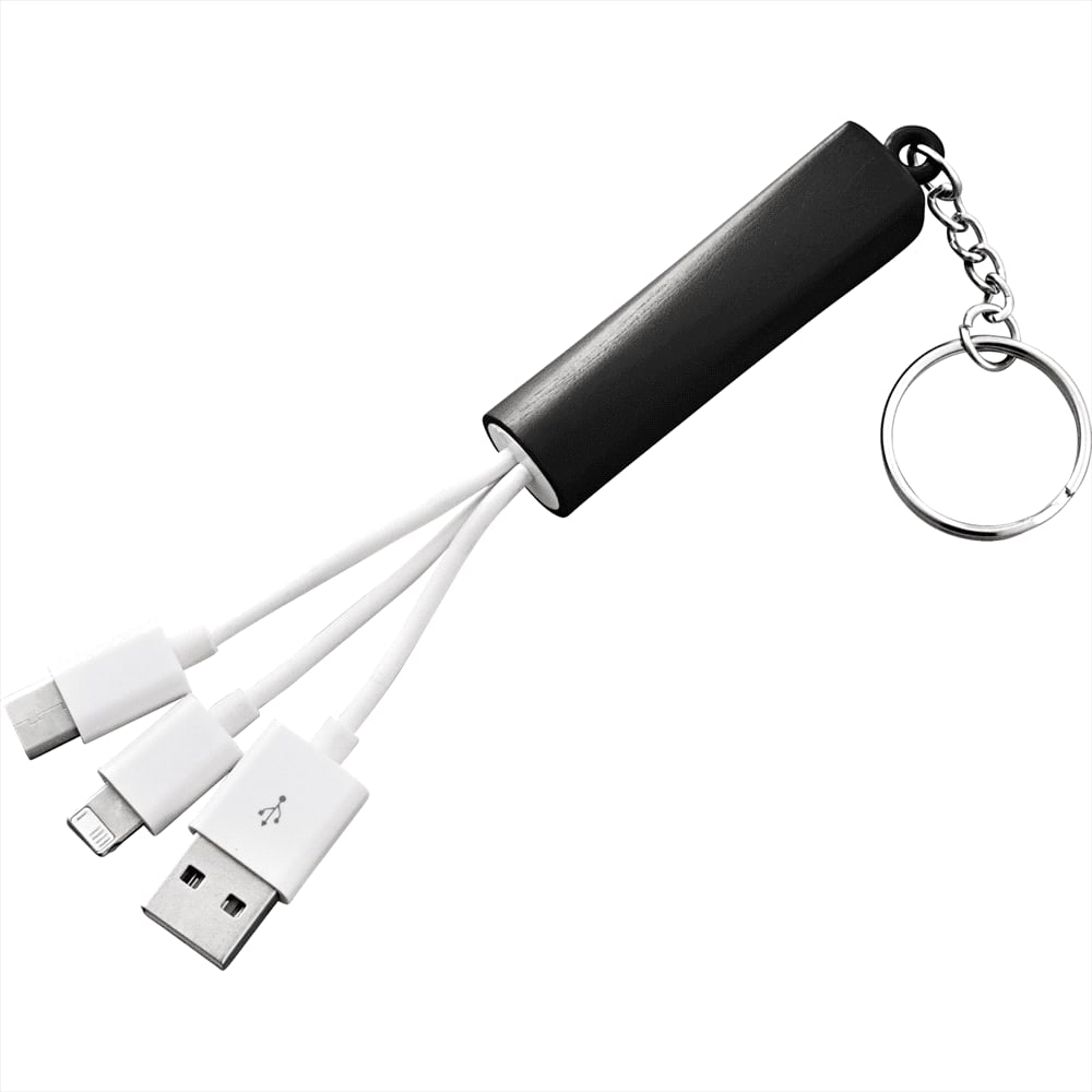 A 3-in-1 charging cable in black with three white connectors, attached to a keychain for portability.