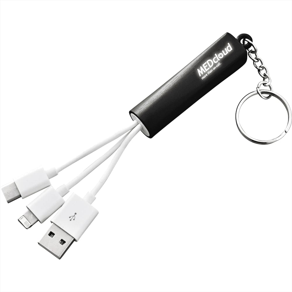 A black 3-in-1 charging cable with multiple connectors and a keychain attachment, featuring a logo.