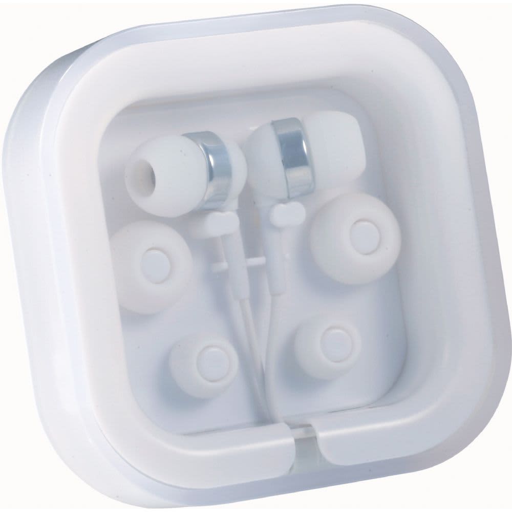 White Colour Pop Earbuds in a clear case, featuring multiple ear tips and a logo.