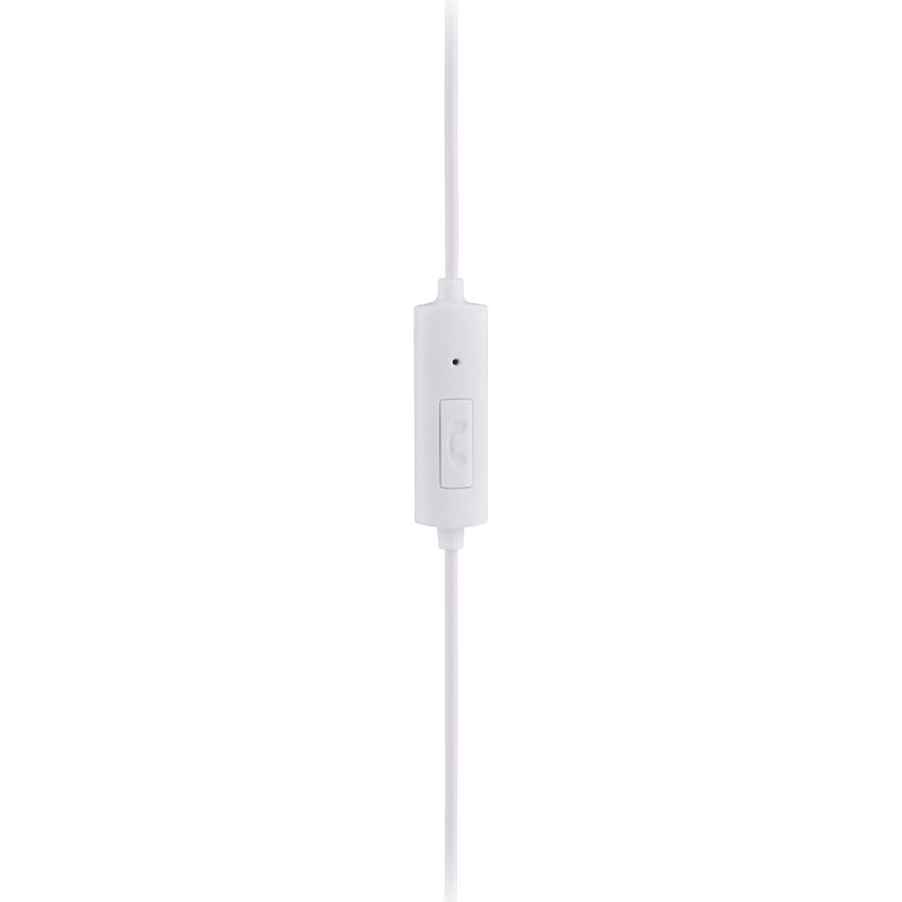 A pair of white earbuds with a built-in microphone and control button on the cord.
