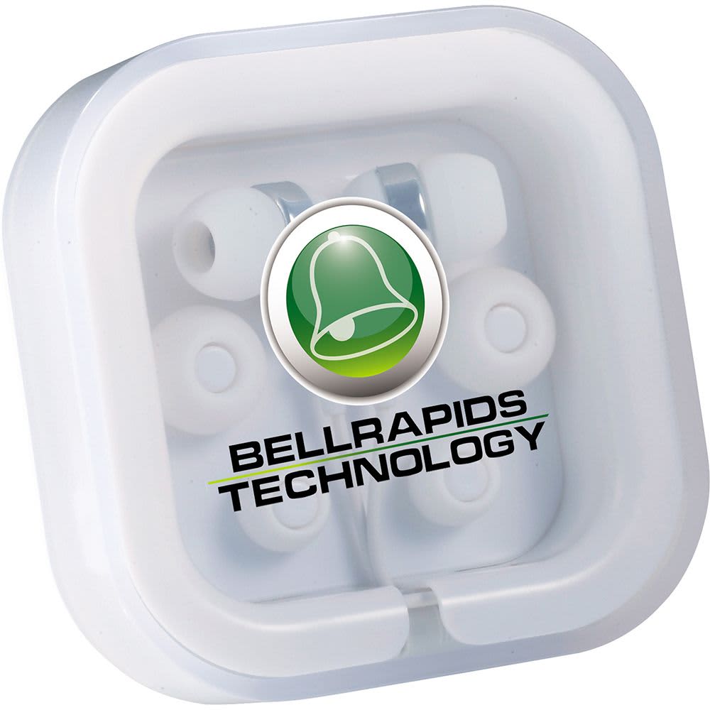 Colour Pop Earbuds with microphone in a clear case, featuring multiple earbud sizes and a logo on the front.