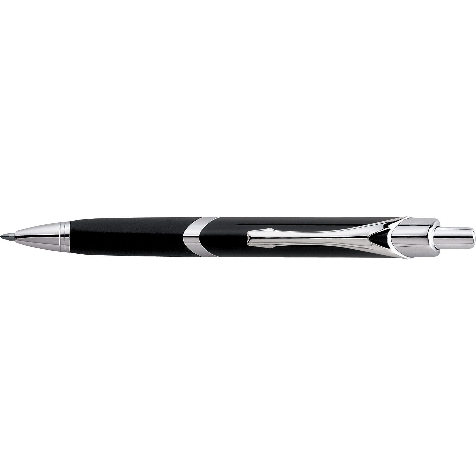 A metal pen with a sleek black body and silver accents, featuring a distinctive design and a logo.