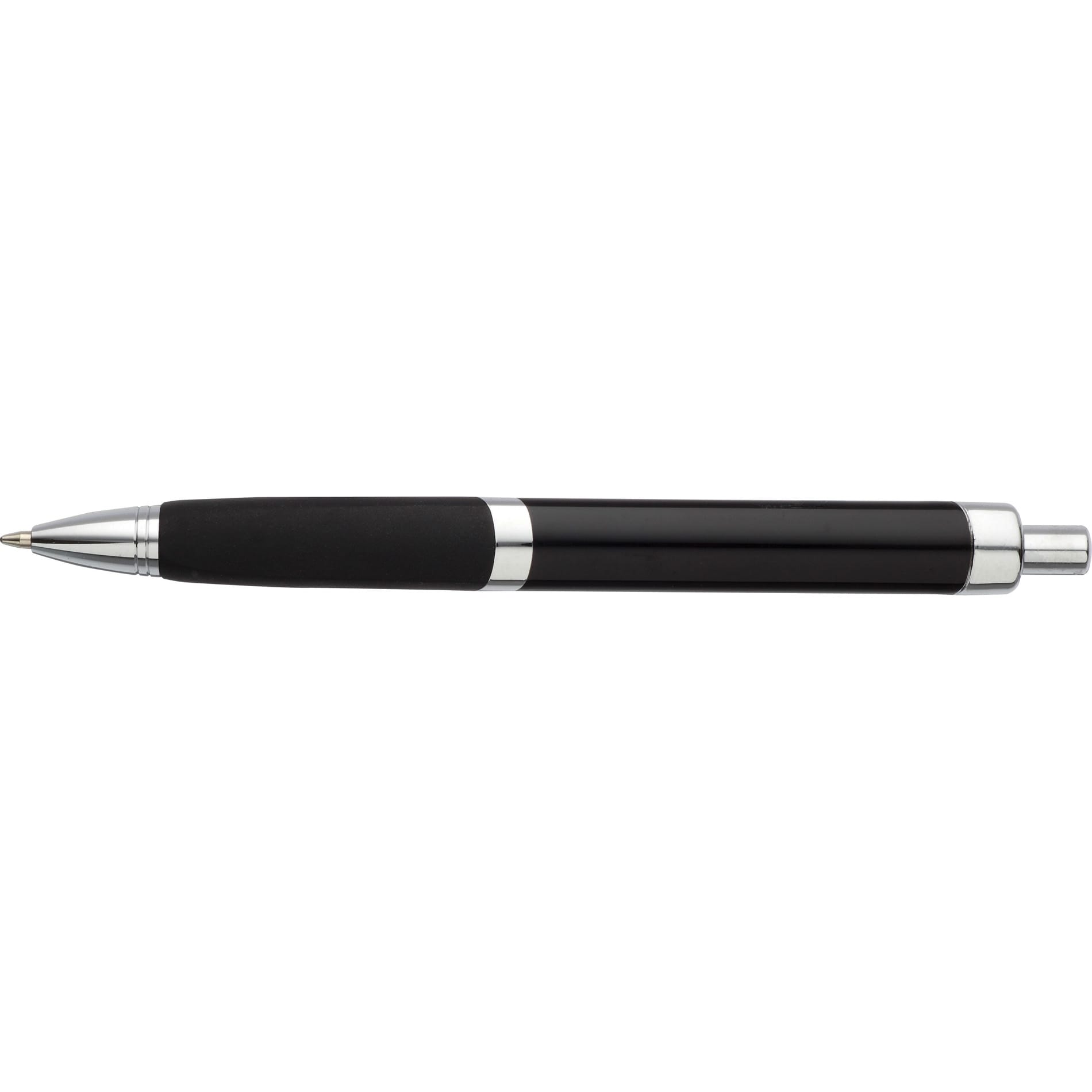 A black metal pen with a silver trim and a rubber grip. It features a click mechanism and has a logo.