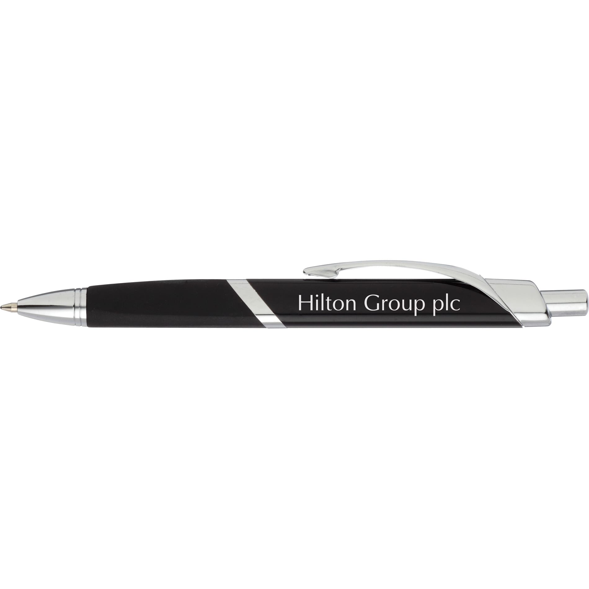 A black metal pen with a silver clip and a branding logo on the barrel.
