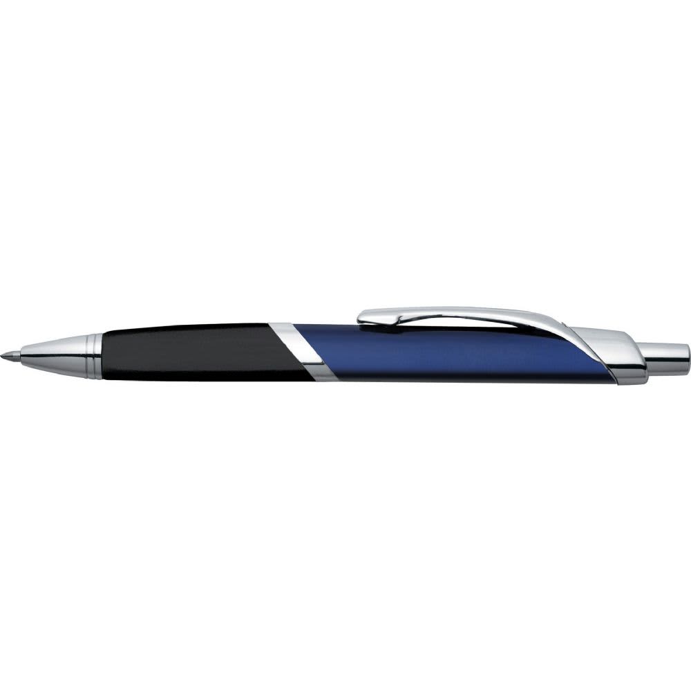 A metal pen featuring a sleek design in blue and black with a silver clip and branding.