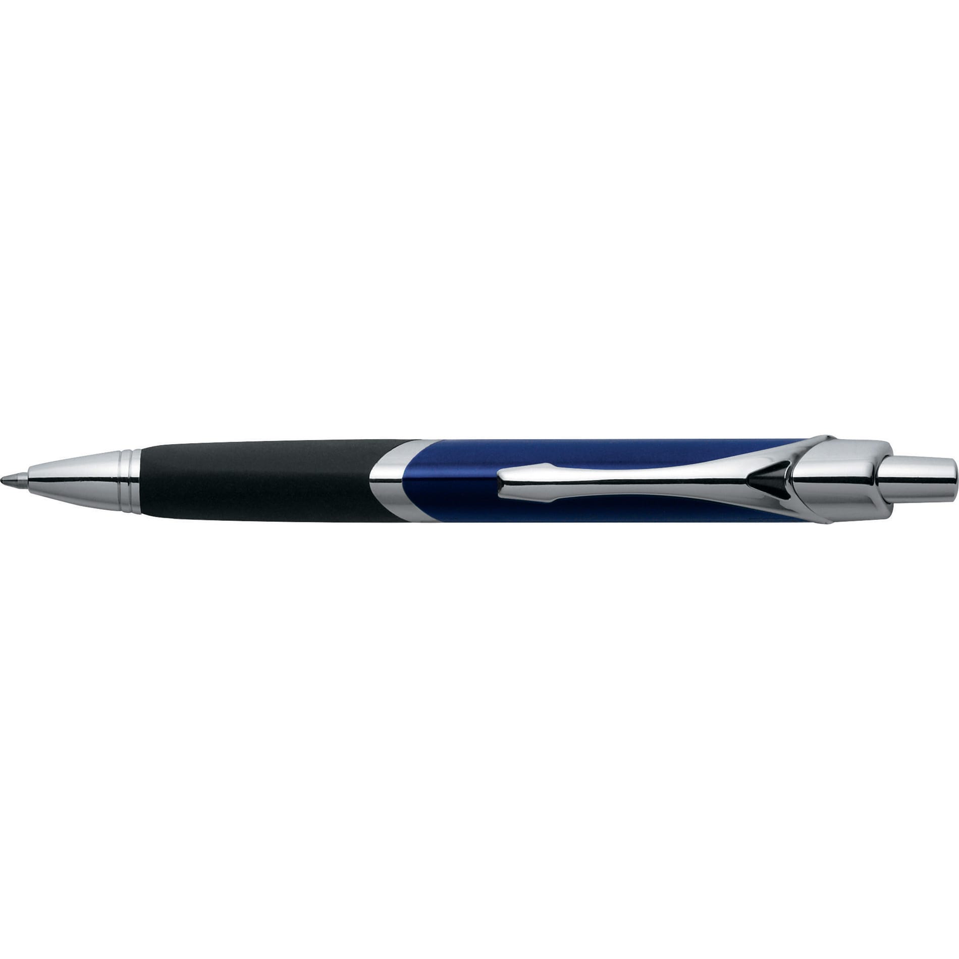 A metal pen with a navy blue barrel and chrome accents, featuring a sleek design and a logo.