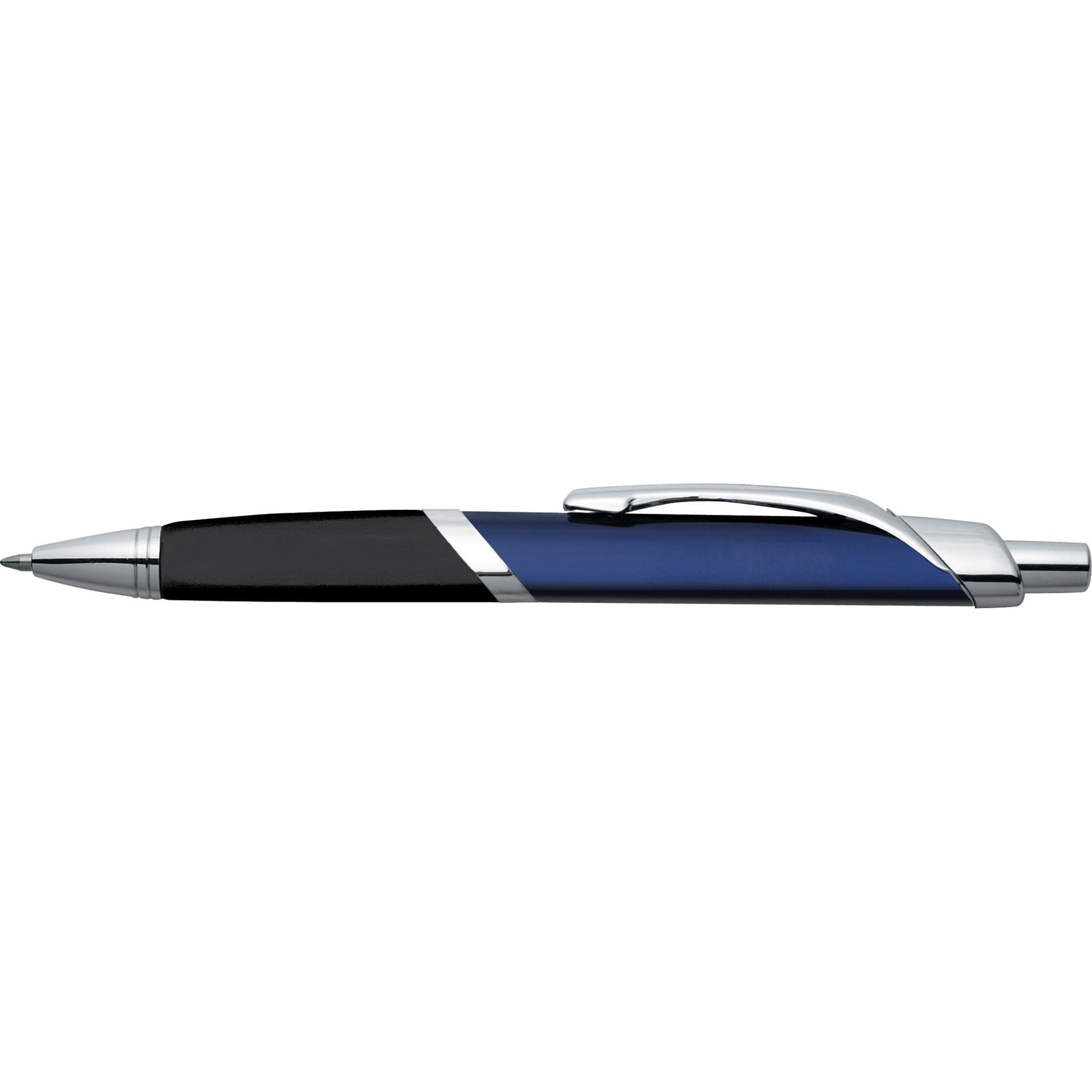 A metal pen featuring a blue and black design with a silver clip and accents. It includes a logo on the side.