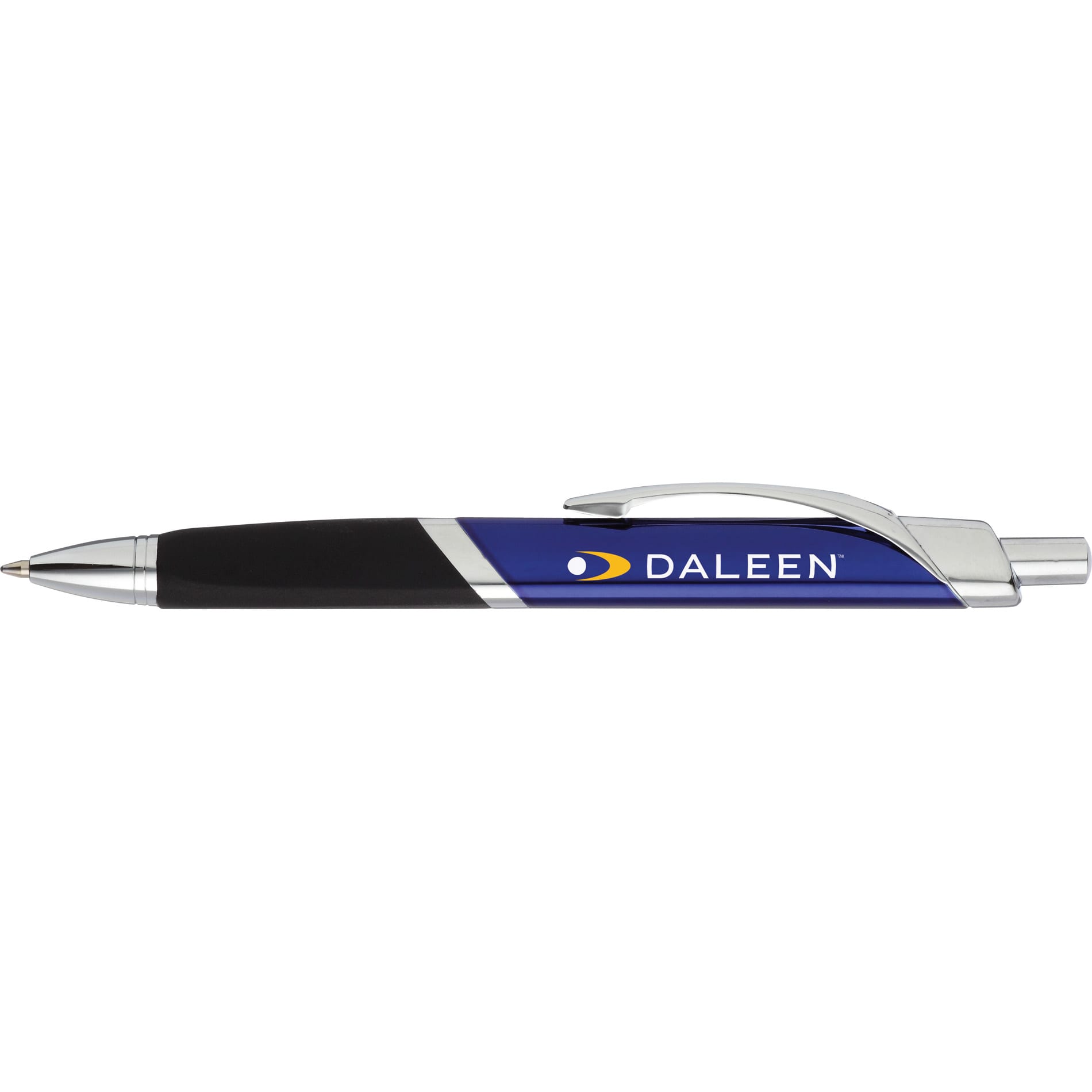 A metal pen in blue and black with a chrome clip and a logo on the barrel.