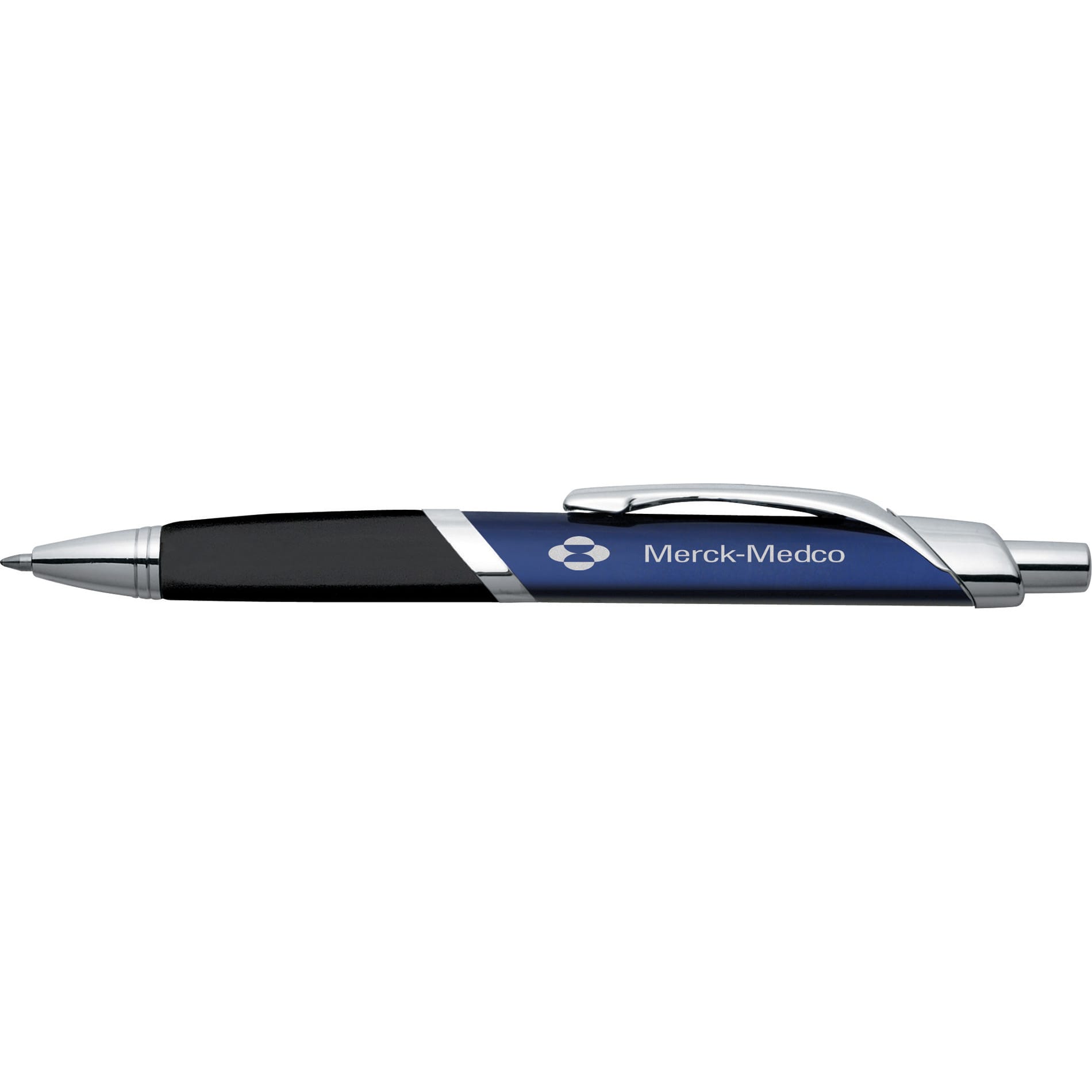 A metal pen in blue and black, featuring a logo, with a sleek design and chrome accents.