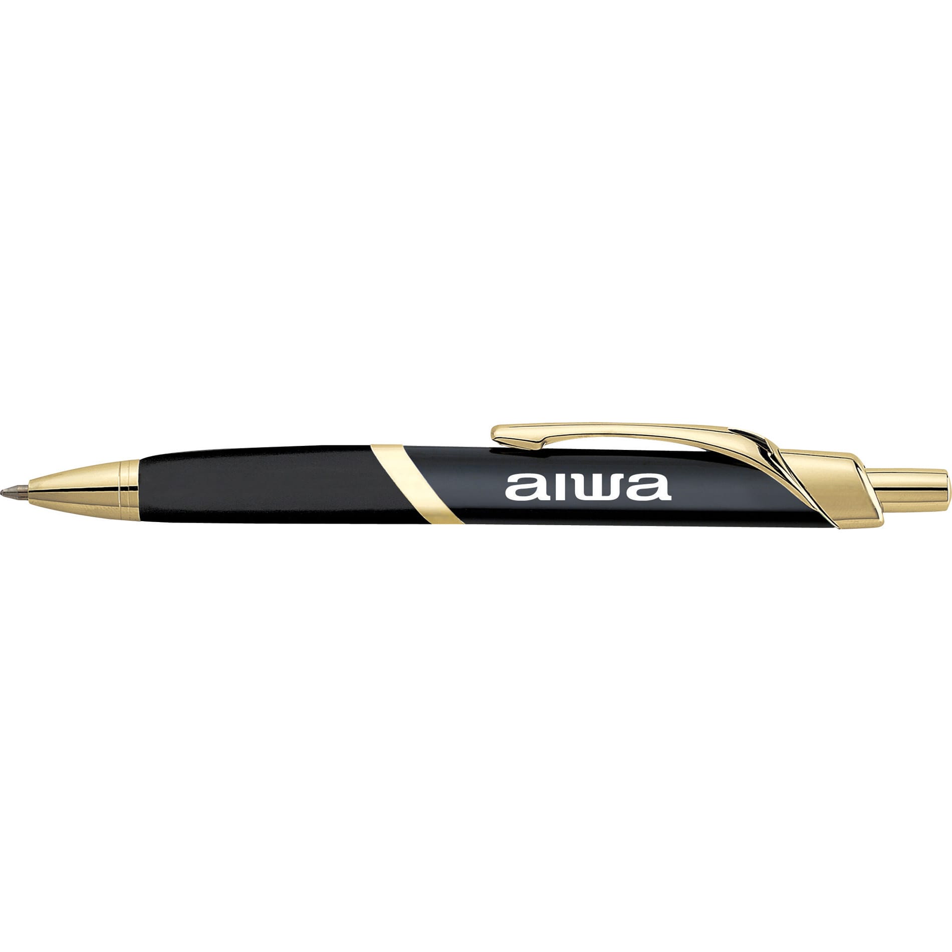 A black metal pen with gold accents and a clip, featuring a logo on its side.