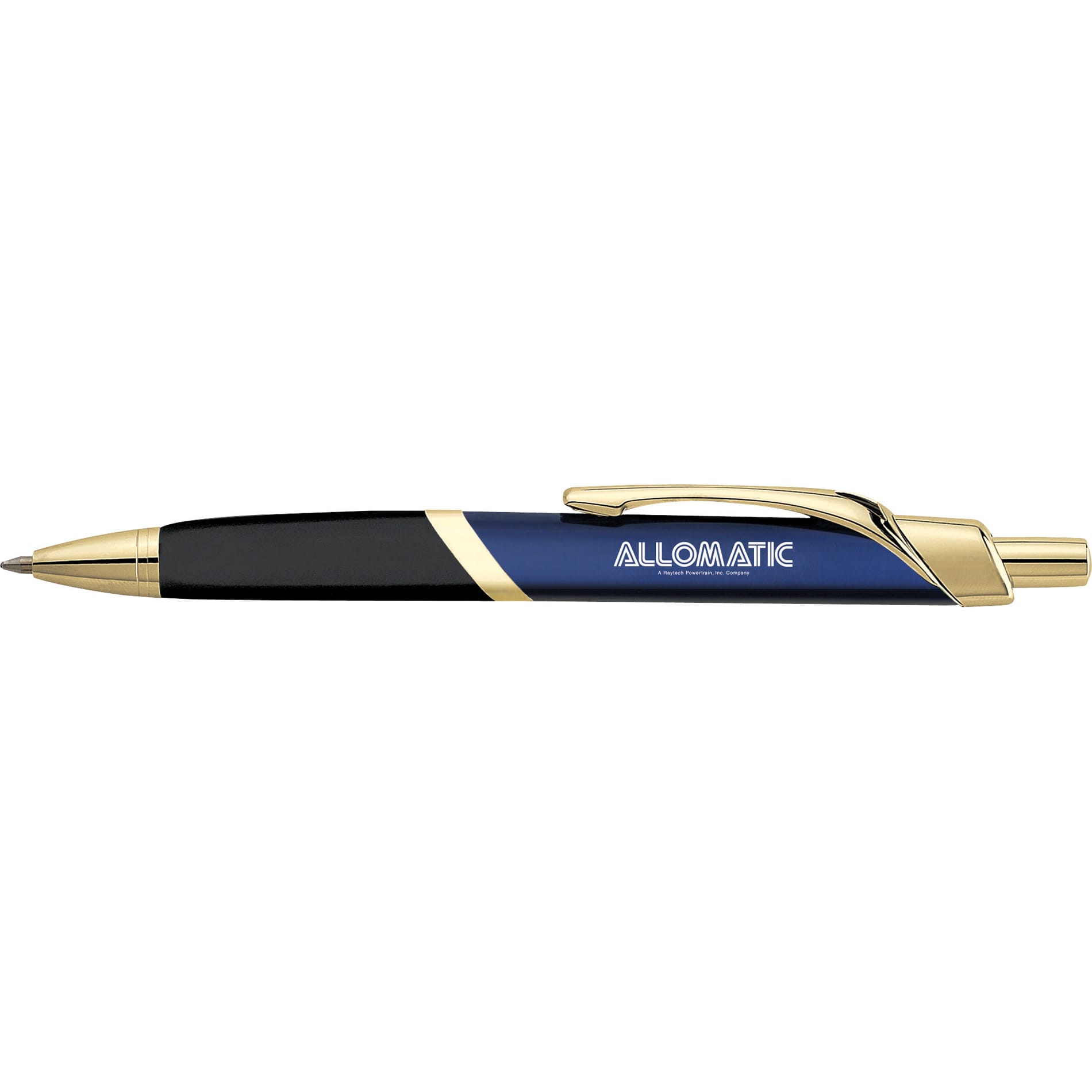 A sleek blue and black metal pen with gold accents and a logo.