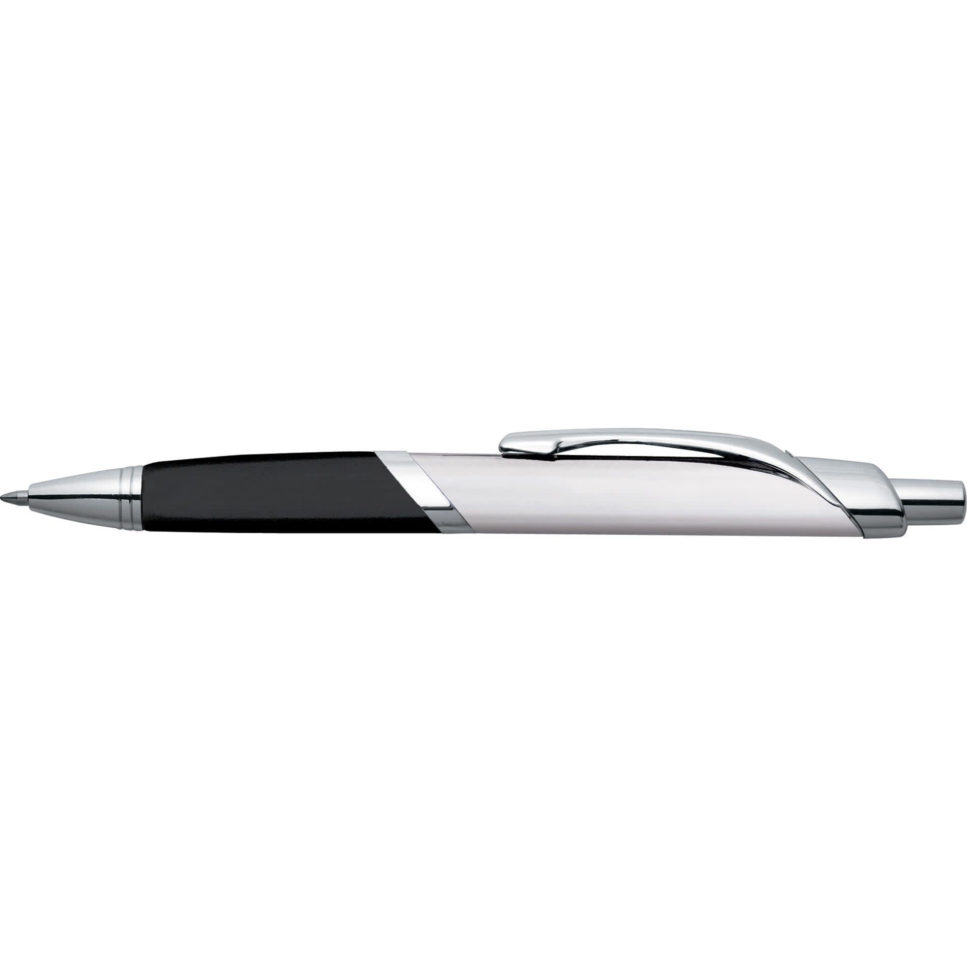 A sleek silver and black metal pen with a shiny finish and a clip. Features a branding logo.