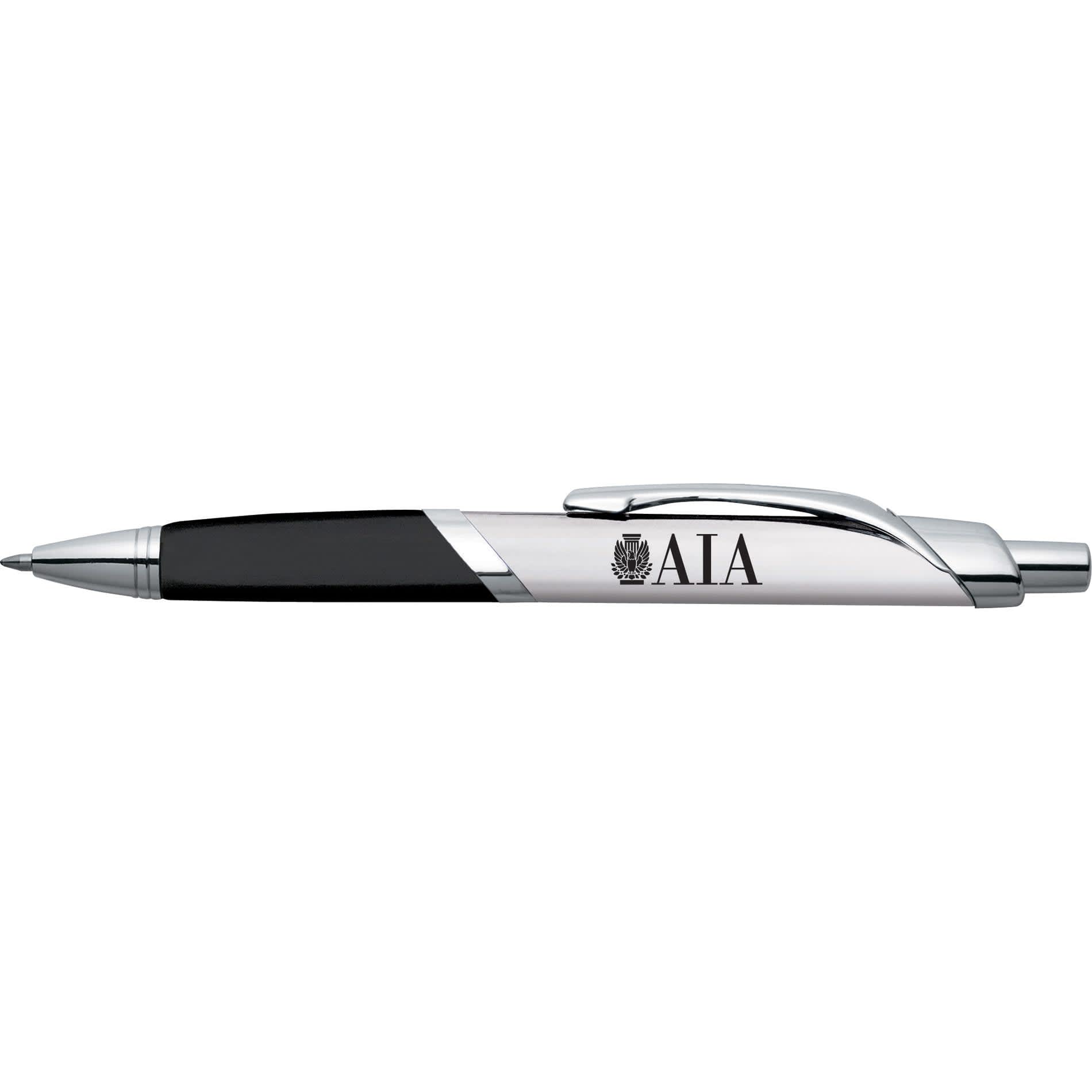 A sleek silver and black metal pen with a clip and a logo on the barrel.