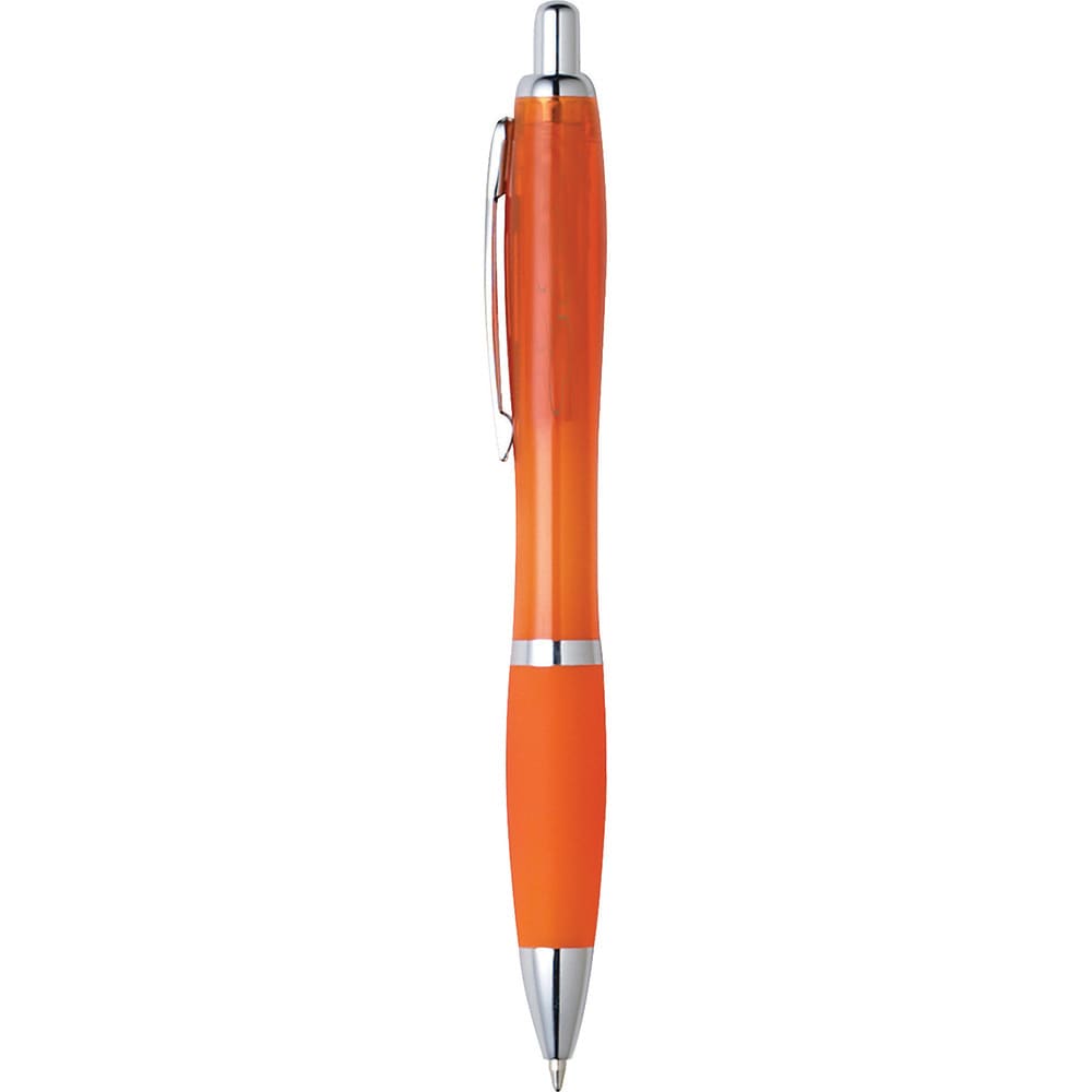 An orange plastic pen with a silver clip and detailing, featuring a smooth grip and a logo.