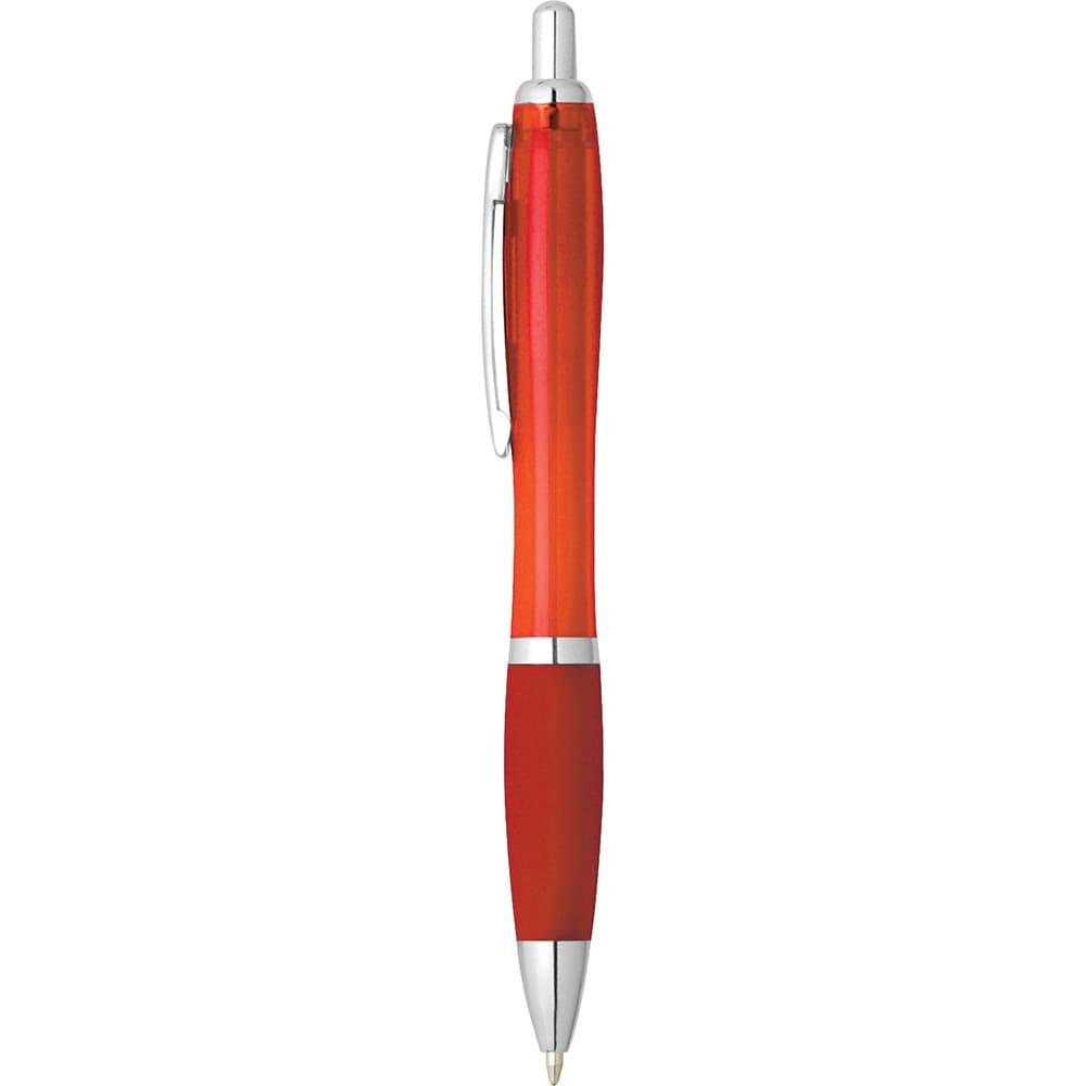 A red plastic pen with a silver clip and accents, featuring a logo on the barrel.