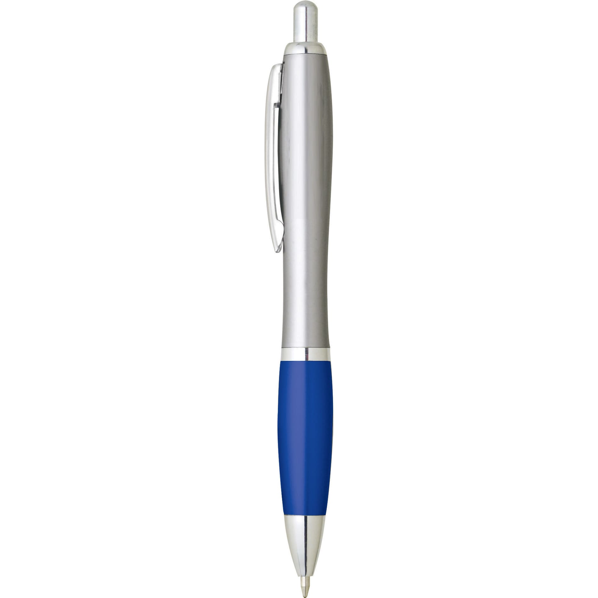 A plastic pen with a silver body and a blue rubber grip, featuring a clip and a logo.