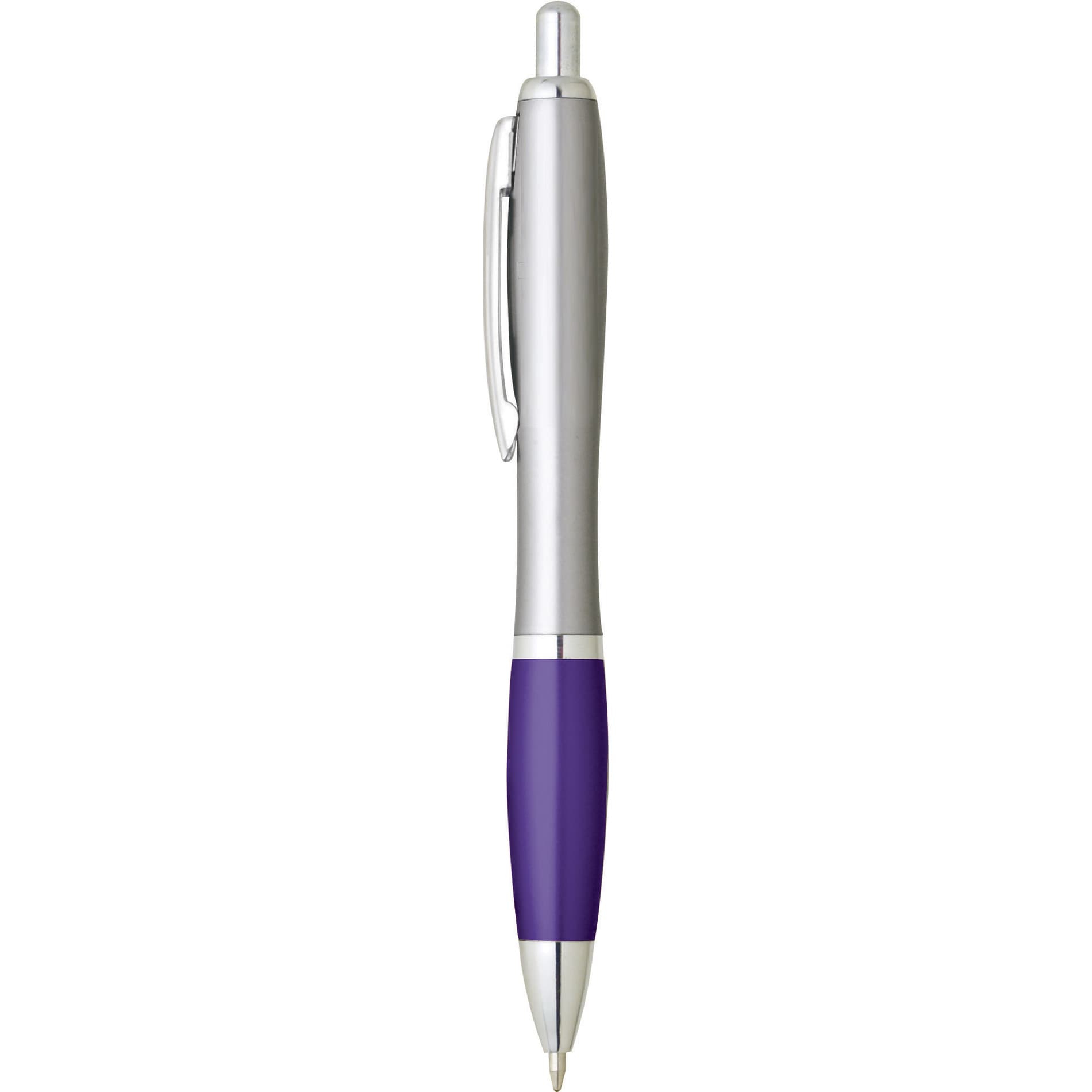 A silver and purple plastic pen with a clip and a sleek design, featuring a logo on the barrel.