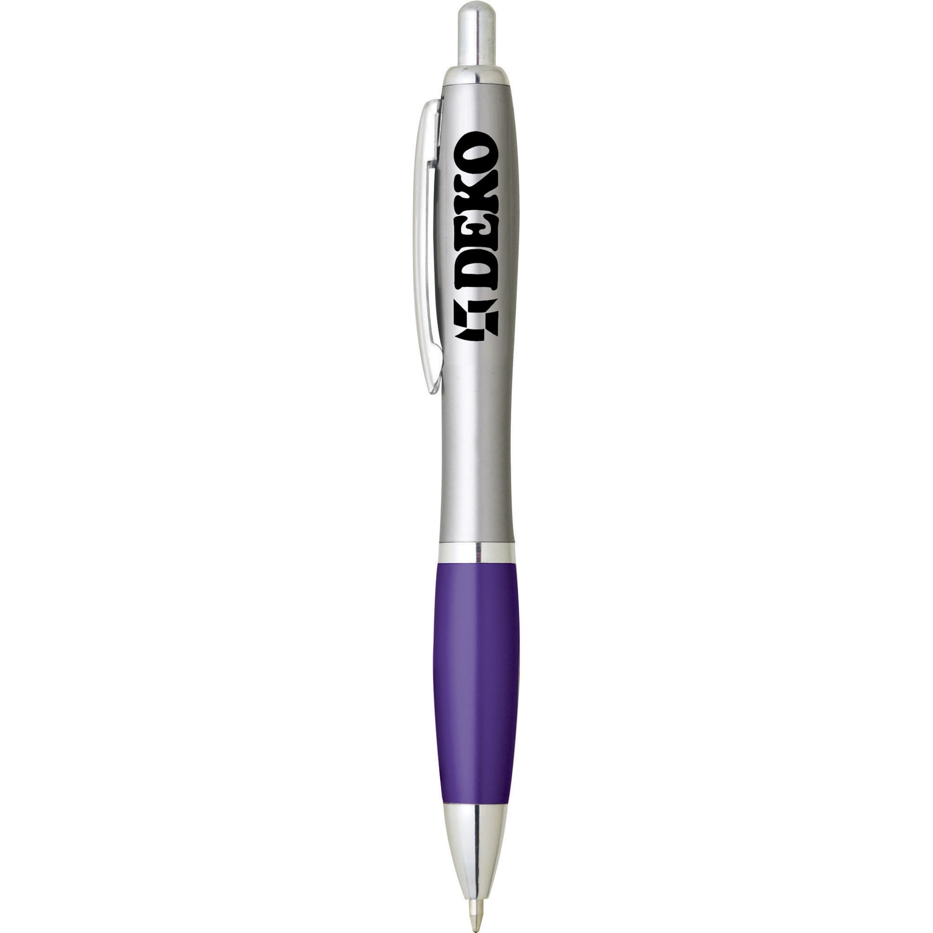 A plastic pen in silver and purple with a branded logo. The pen has a click mechanism and a comfortable grip.