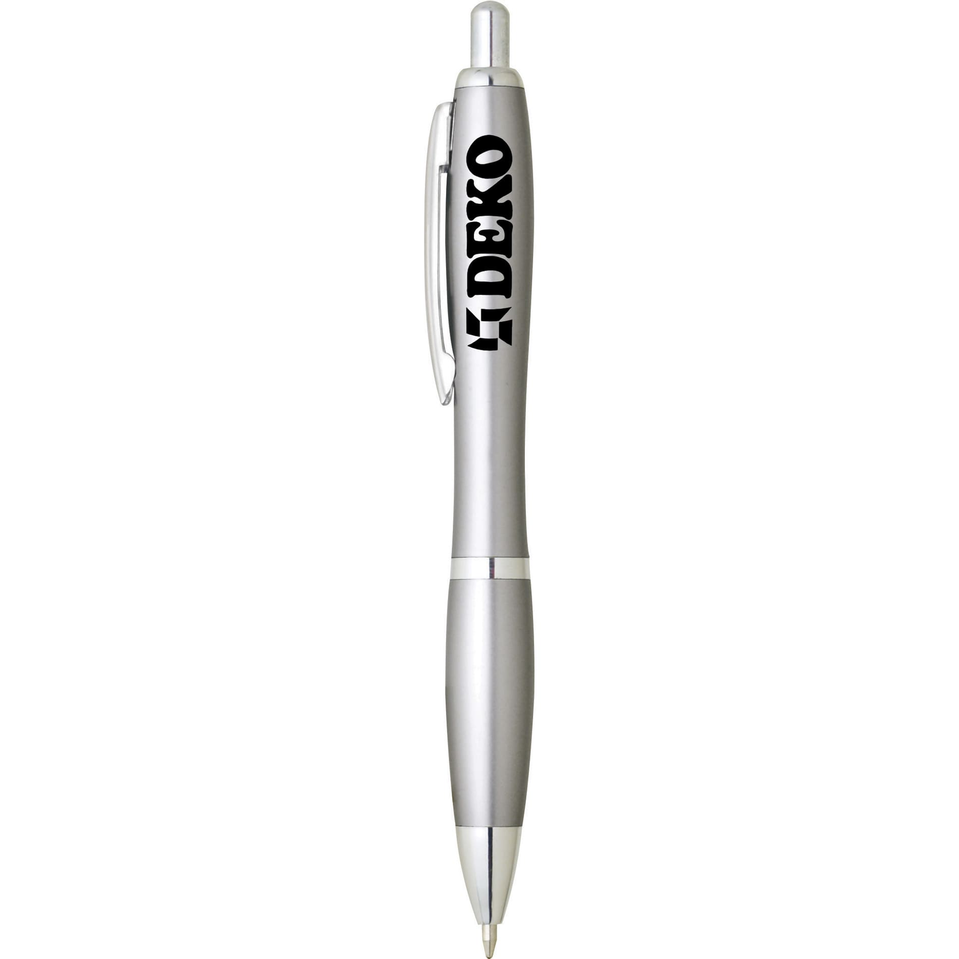 A silver plastic pen with a clip and a branding logo on the side.