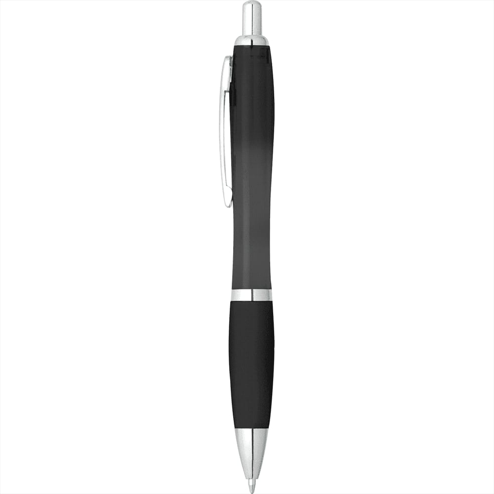 A black plastic pen with silver accents and a grip section, featuring a clip and a branding logo.