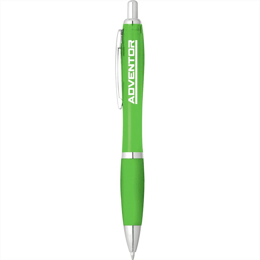 A plastic pen in vibrant green with a silver clip and a logo on the barrel.