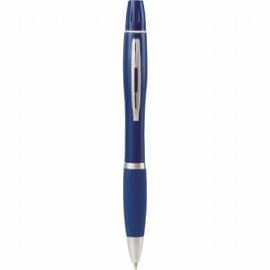 A navy blue pen-highlighter with a silver clip and accents, featuring a sleek design and a logo on the barrel.